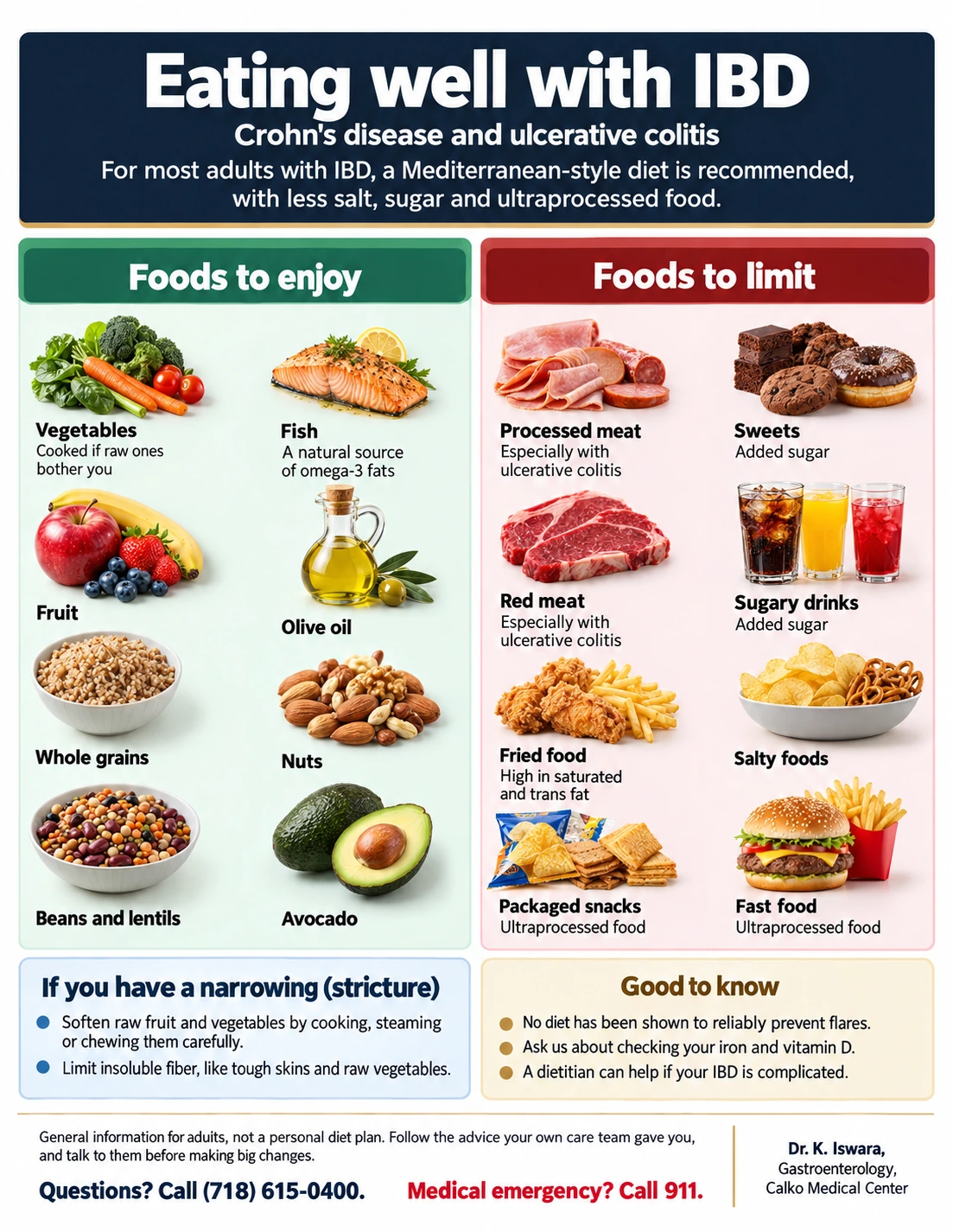 Eating well with IBD: an illustrated chart of foods to enjoy and foods to limit. The same information is in the text version below.